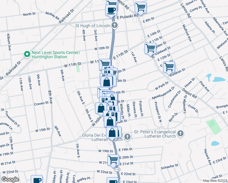 map of restaurants, bars, coffee shops, grocery stores, and more near 8 East 14th Street in Huntington Station