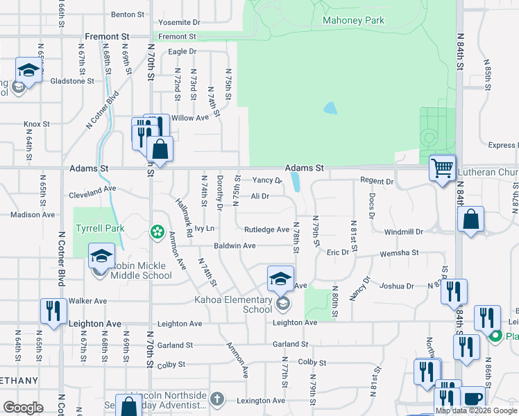 map of restaurants, bars, coffee shops, grocery stores, and more near 7632 Erin Court in Lincoln