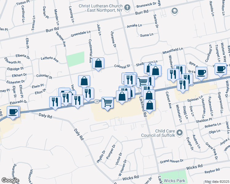 map of restaurants, bars, coffee shops, grocery stores, and more near 4059 Jericho Turnpike in Elwood
