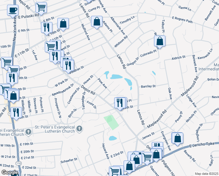 map of restaurants, bars, coffee shops, grocery stores, and more near 20 Waverly Street in Huntington Station
