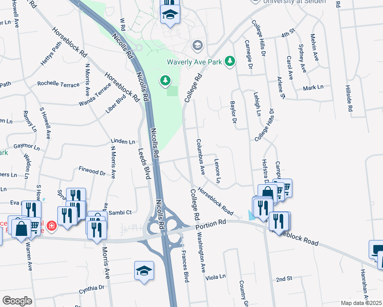 map of restaurants, bars, coffee shops, grocery stores, and more near 2 Highland Place in Farmingville