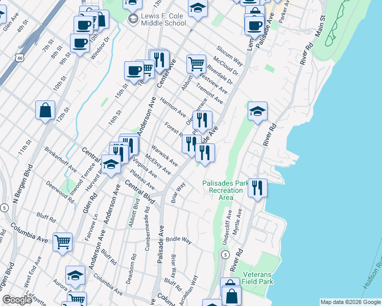 map of restaurants, bars, coffee shops, grocery stores, and more near 1311 New Jersey 67 in Fort Lee