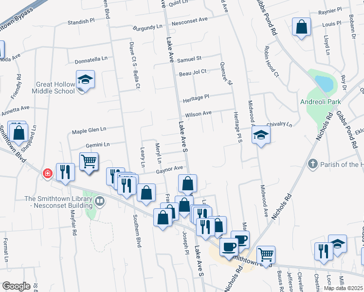 map of restaurants, bars, coffee shops, grocery stores, and more near 330 Lake Avenue South in Nesconset