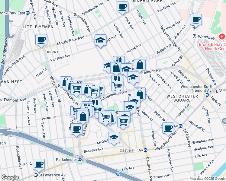 map of restaurants, bars, coffee shops, grocery stores, and more near 1669 Metropolitan Avenue in Bronx