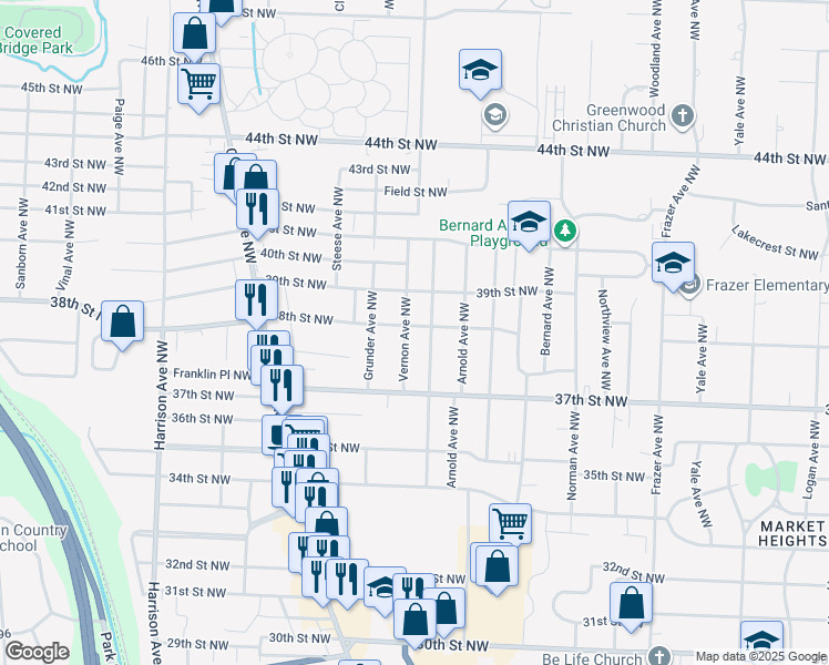 map of restaurants, bars, coffee shops, grocery stores, and more near 1314 38th Street Northwest in Canton