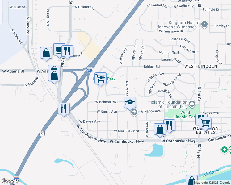 map of restaurants, bars, coffee shops, grocery stores, and more near 734 Glacier Trail in Lincoln