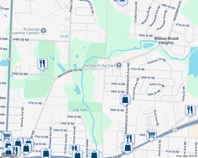 map of restaurants, bars, coffee shops, grocery stores, and more near 3918 Kaiser Avenue Northeast in Canton