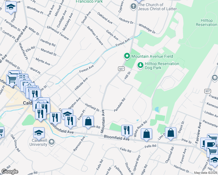 map of restaurants, bars, coffee shops, grocery stores, and more near 82 County Road 527 in North Caldwell
