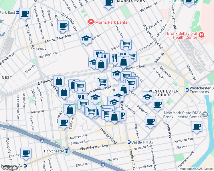 map of restaurants, bars, coffee shops, grocery stores, and more near 1669 Metropolitan Avenue in Bronx