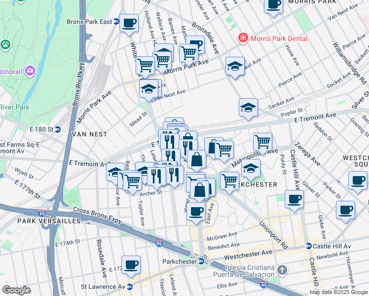 map of restaurants, bars, coffee shops, grocery stores, and more near 1594 Unionport Road in Bronx
