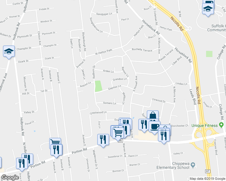 map of restaurants, bars, coffee shops, grocery stores, and more near 18 Gaymor Lane in Farmingville