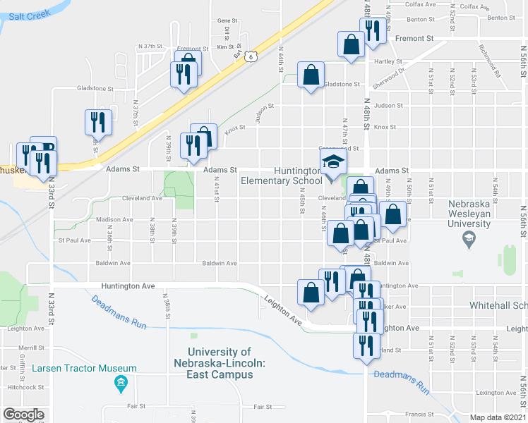 map of restaurants, bars, coffee shops, grocery stores, and more near 2820 North 43rd Street in Lincoln