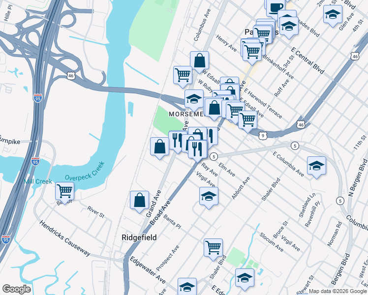 map of restaurants, bars, coffee shops, grocery stores, and more near 725 New Jersey 93 in Ridgefield