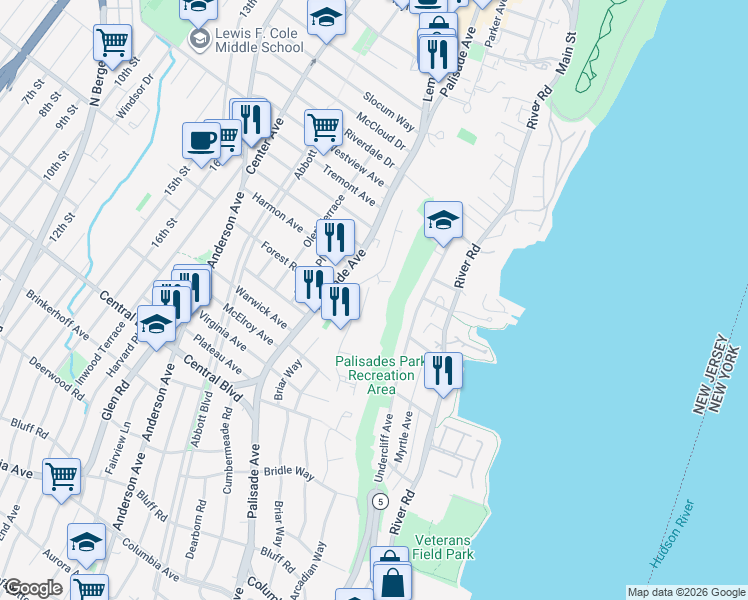 map of restaurants, bars, coffee shops, grocery stores, and more near 6 Horizon Road in Fort Lee