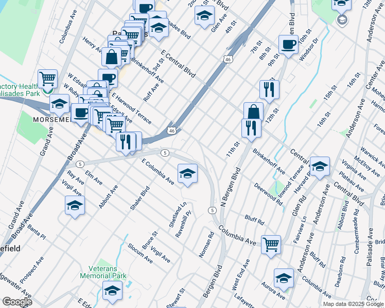 map of restaurants, bars, coffee shops, grocery stores, and more near 100 Grantwood Boulevard in Palisades Park