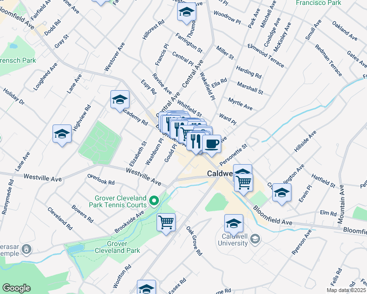 map of restaurants, bars, coffee shops, grocery stores, and more near 382 Bloomfield Avenue in Caldwell