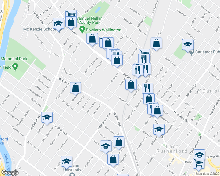 map of restaurants, bars, coffee shops, grocery stores, and more near 100 Willow Street in East Rutherford