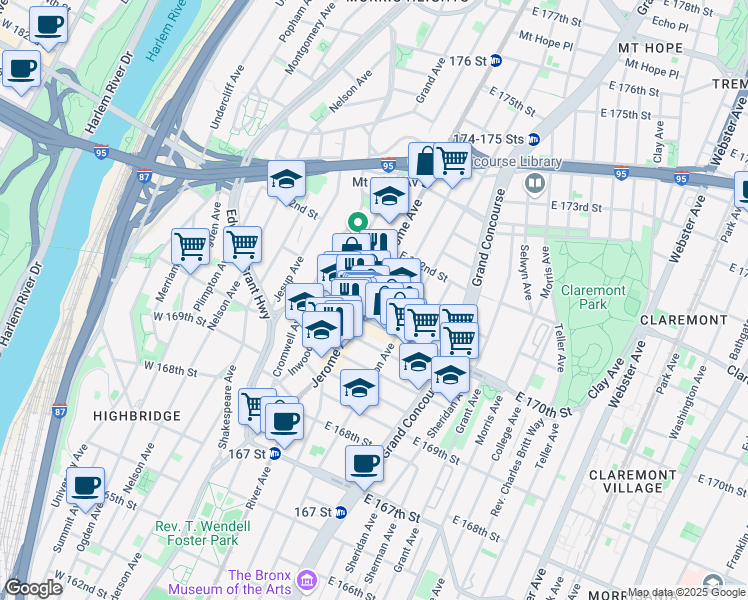 map of restaurants, bars, coffee shops, grocery stores, and more near 1400 Jerome Avenue in Bronx