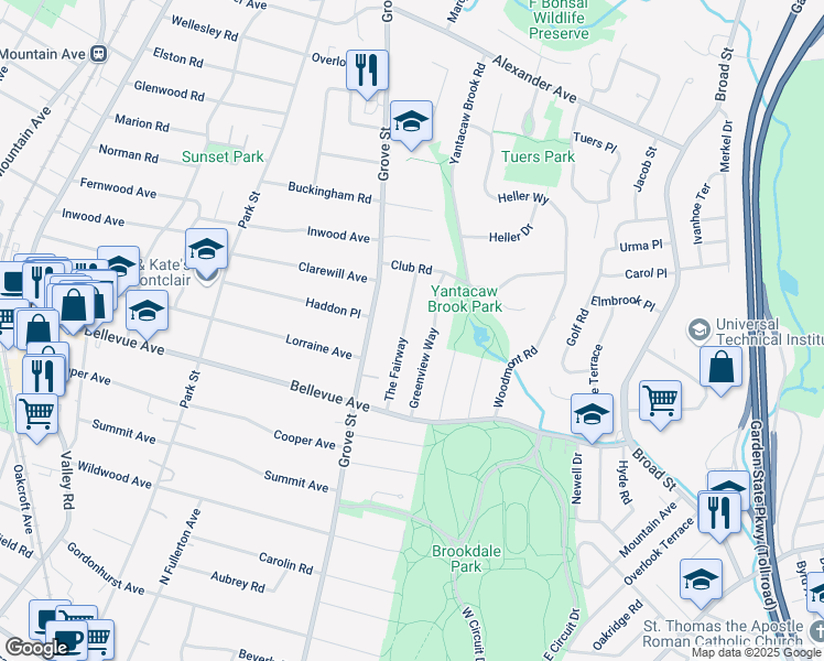map of restaurants, bars, coffee shops, grocery stores, and more near 20 Greenview Way in Montclair