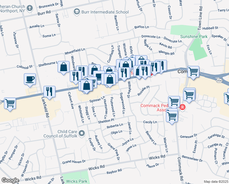 map of restaurants, bars, coffee shops, grocery stores, and more near 6 Spinner Lane in Commack
