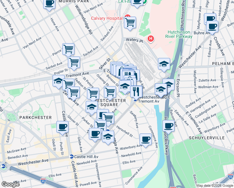 map of restaurants, bars, coffee shops, grocery stores, and more near Overing St & Frisby Ave in Bronx