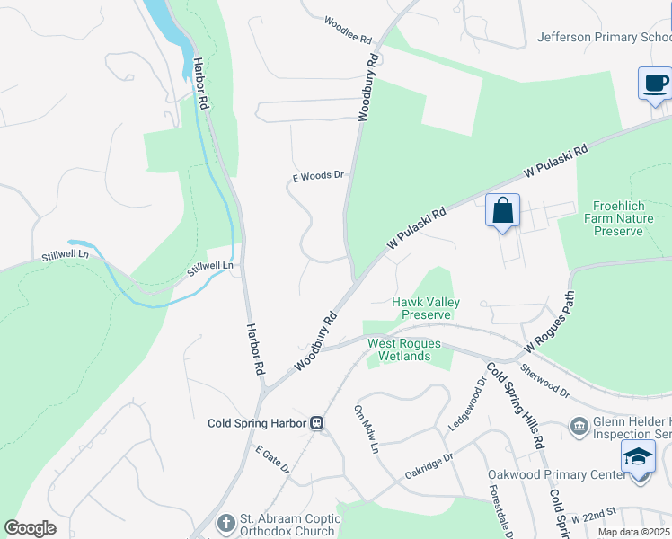 map of restaurants, bars, coffee shops, grocery stores, and more near 511 Woodbury Road in Cold Spring Harbor