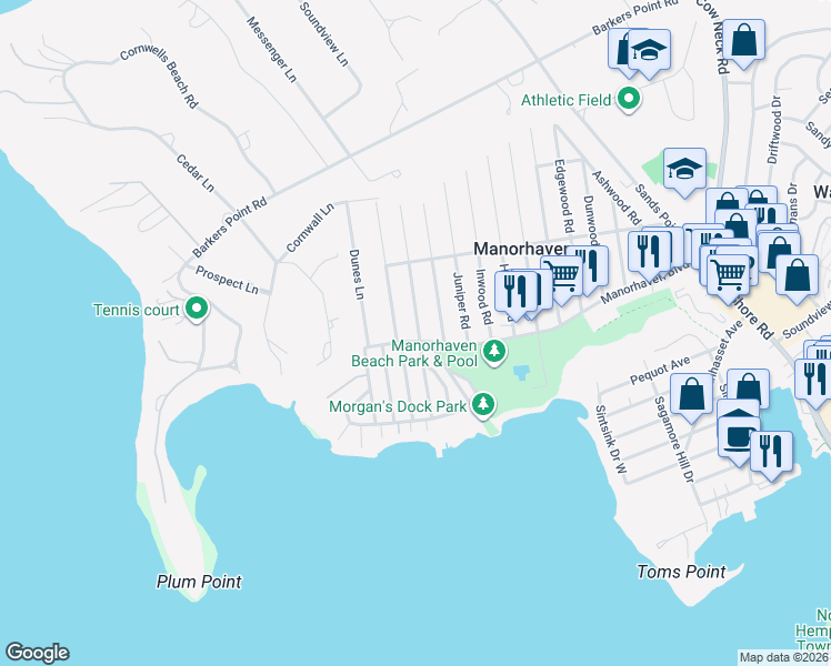 map of restaurants, bars, coffee shops, grocery stores, and more near 219 Manorhaven Boulevard in Port Washington