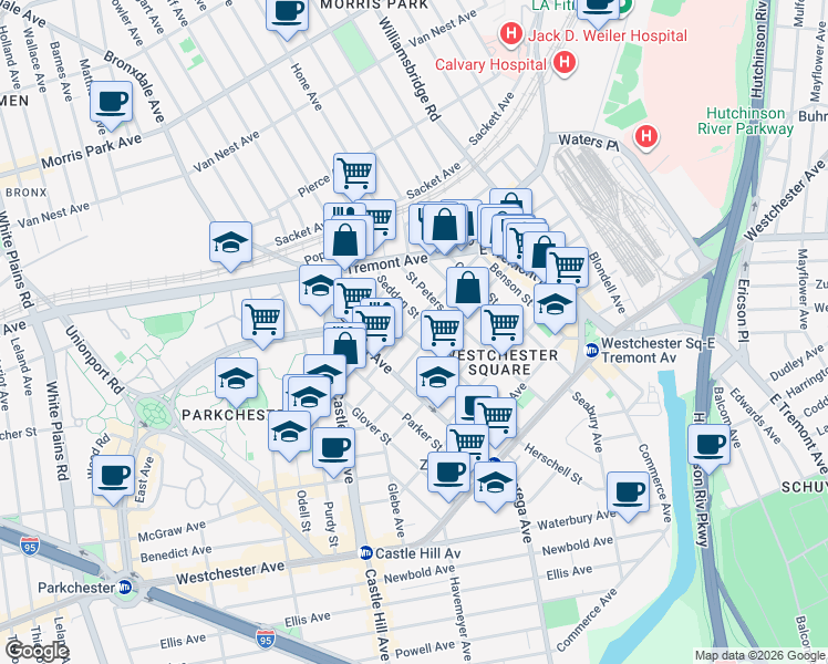 map of restaurants, bars, coffee shops, grocery stores, and more near 1654 Hubbell Street in Bronx