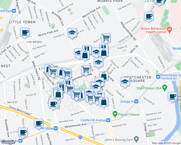 map of restaurants, bars, coffee shops, grocery stores, and more near 1669 Metropolitan Avenue in Bronx