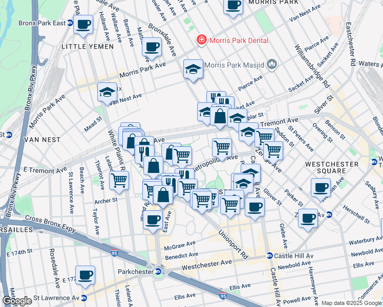 map of restaurants, bars, coffee shops, grocery stores, and more near 1563 Metropolitan Avenue in The Bronx