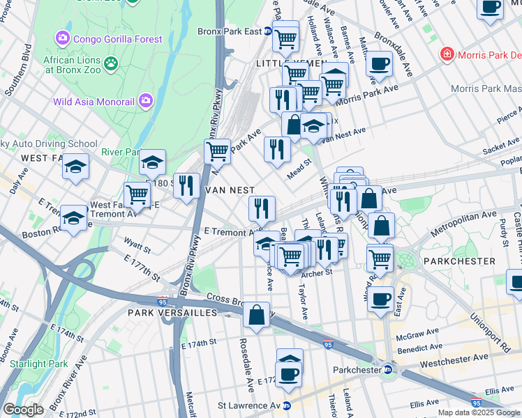 map of restaurants, bars, coffee shops, grocery stores, and more near 1608 Van Buren Street in Bronx