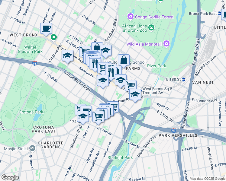 map of restaurants, bars, coffee shops, grocery stores, and more near 1920 Daly Avenue in Bronx