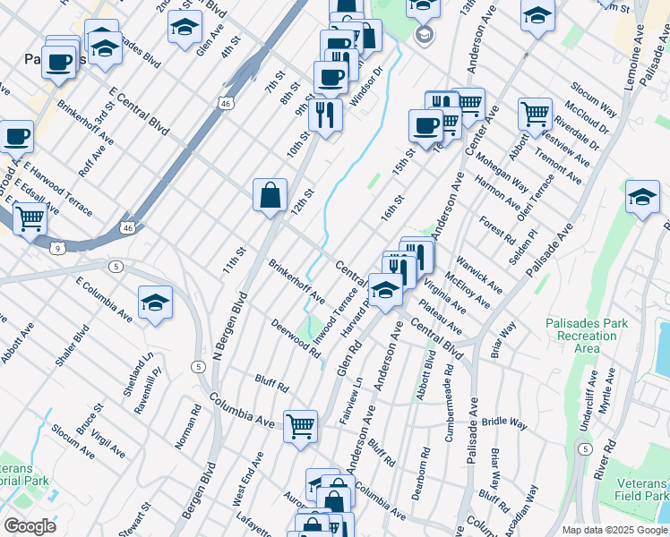 map of restaurants, bars, coffee shops, grocery stores, and more near 456 Central Boulevard in Fort Lee