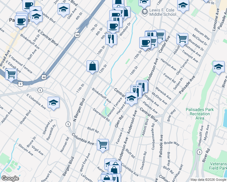map of restaurants, bars, coffee shops, grocery stores, and more near 456 Central Boulevard in Fort Lee