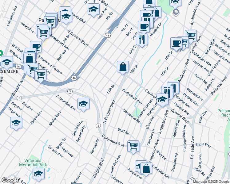 map of restaurants, bars, coffee shops, grocery stores, and more near 221 12th Street in Palisades Park