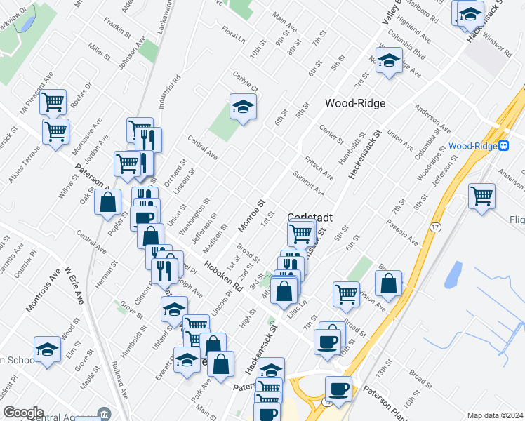map of restaurants, bars, coffee shops, grocery stores, and more near 500 Division Avenue in Carlstadt
