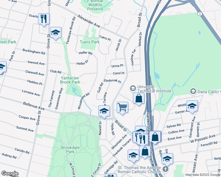 map of restaurants, bars, coffee shops, grocery stores, and more near 84 Bellevue Terrace in Bloomfield