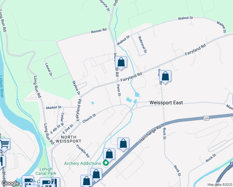 map of restaurants, bars, coffee shops, grocery stores, and more near 166 Penn Street in Lehighton