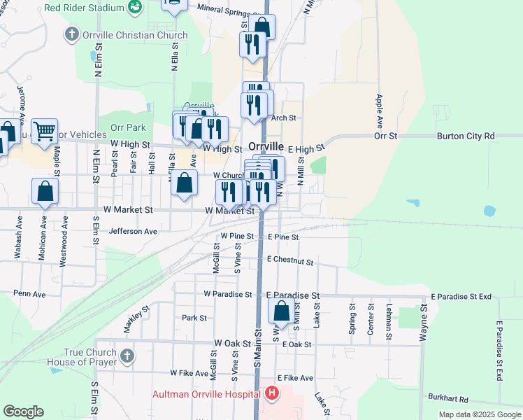 map of restaurants, bars, coffee shops, grocery stores, and more near 136 E West Market Street in Orrville