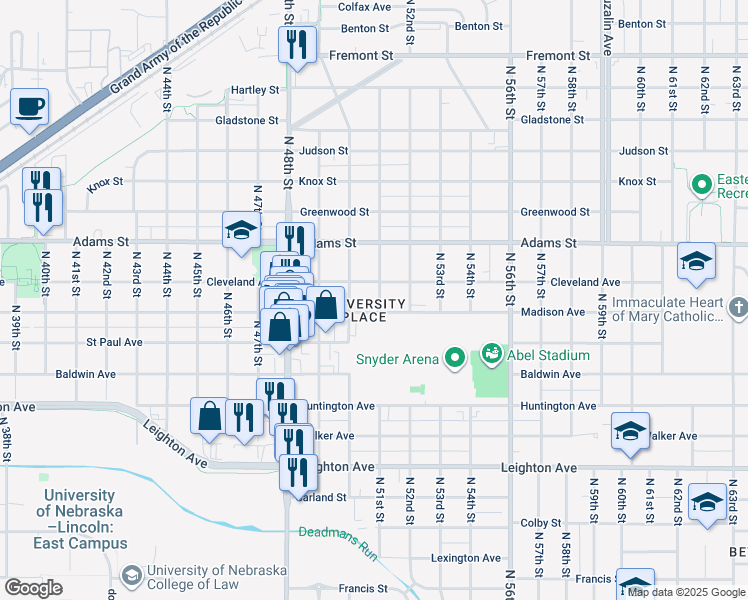 map of restaurants, bars, coffee shops, grocery stores, and more near 5110 Madison Avenue in Lincoln