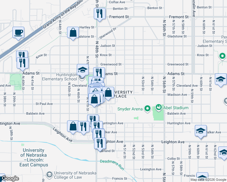map of restaurants, bars, coffee shops, grocery stores, and more near in Lincoln