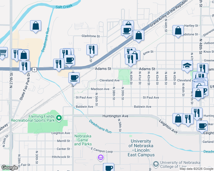 map of restaurants, bars, coffee shops, grocery stores, and more near 3714 Madison Avenue in Lincoln