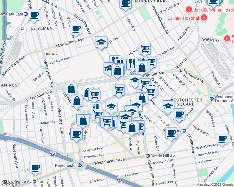map of restaurants, bars, coffee shops, grocery stores, and more near 1669 Metropolitan Avenue in Bronx