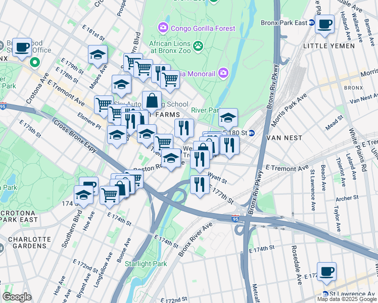 map of restaurants, bars, coffee shops, grocery stores, and more near 2024 Boston Road in Bronx