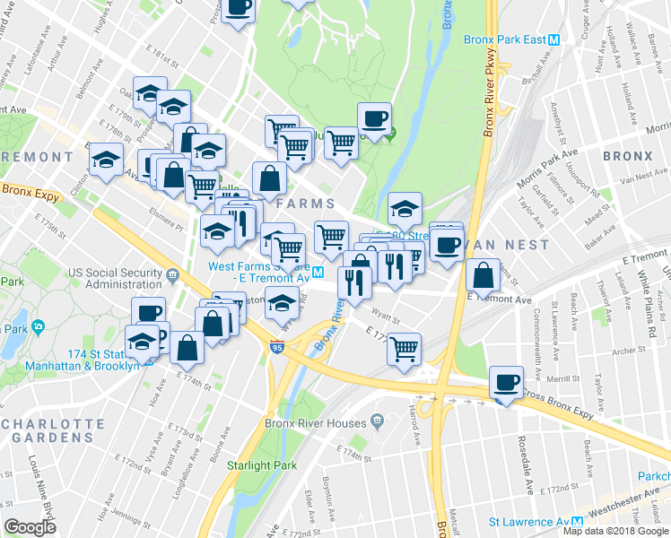 map of restaurants, bars, coffee shops, grocery stores, and more near 2024 Boston Road in Bronx