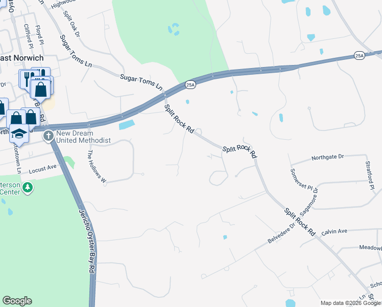 map of restaurants, bars, coffee shops, grocery stores, and more near 527 Split Rock Road in Syosset