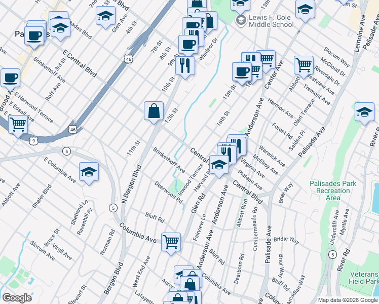map of restaurants, bars, coffee shops, grocery stores, and more near 456 Central Boulevard in Fort Lee