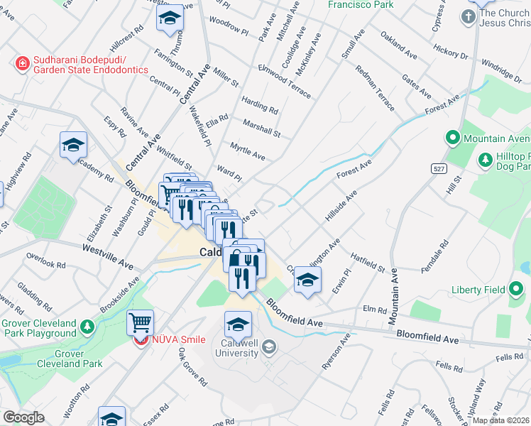 map of restaurants, bars, coffee shops, grocery stores, and more near 22 Orchard Square in Caldwell