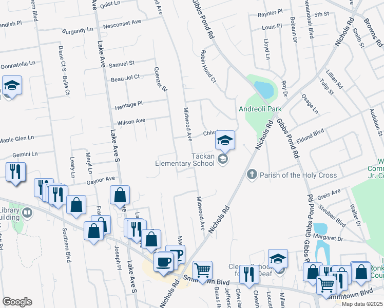 map of restaurants, bars, coffee shops, grocery stores, and more near 99 Midwood Avenue in Nesconset