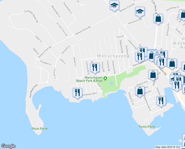map of restaurants, bars, coffee shops, grocery stores, and more near 3 Kirkwood Road in Port Washington